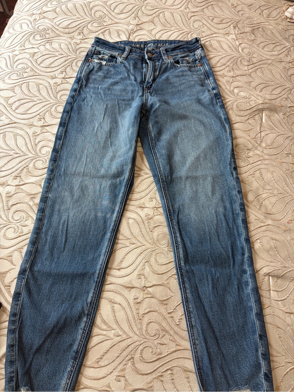 American Eagle Outfitters Distressed Medium Blue Straight-Leg Jeans